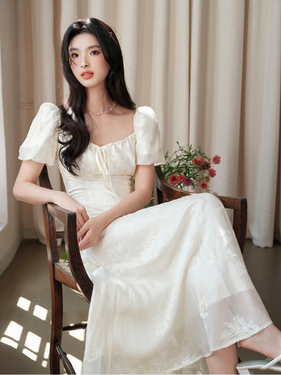puff sleeve square neck ribbon dress