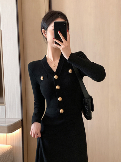 gold button waist slim flare long dress