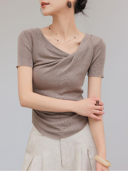 asymmetry drape short sleeve tops