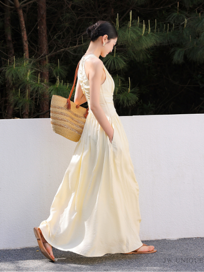 yellow sleeveless waist slim casual long one piece