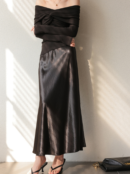 drape satin high waist long skirt