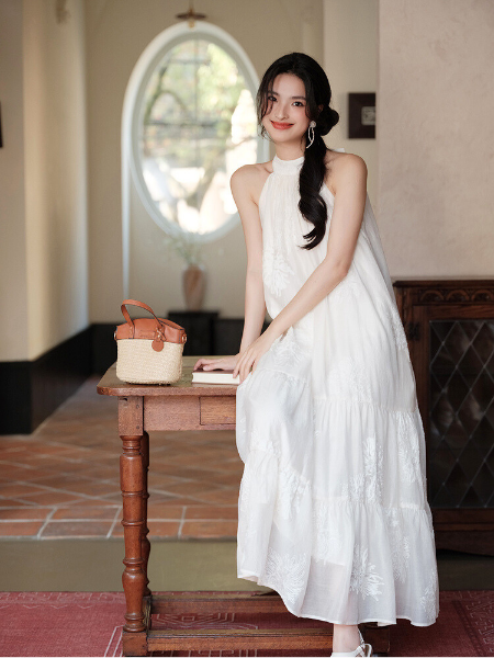 halter neck back ribbon tiered long one piece – Areumdaum