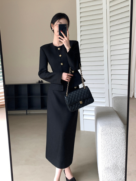 gold button jacket long skirt set up