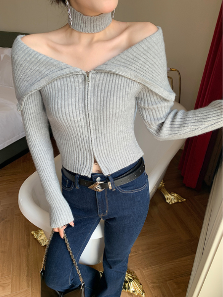 double zipper big collar choker knit tops