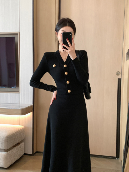 gold button waist slim flare long dress