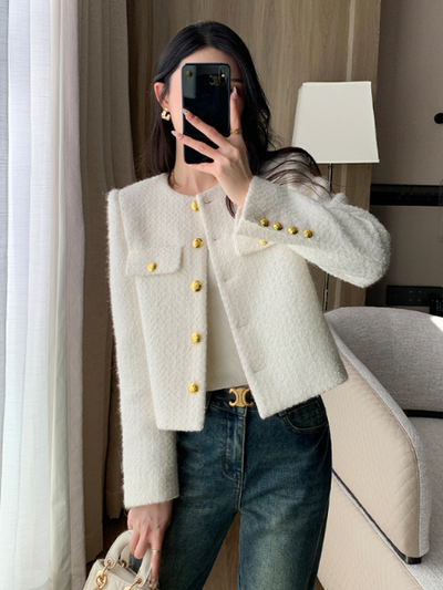gold button tweed white short jacket