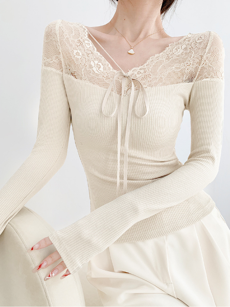 lace ribbon slim rib knit tops