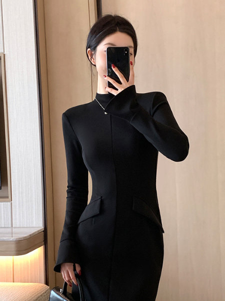 high neck fit black mini dress