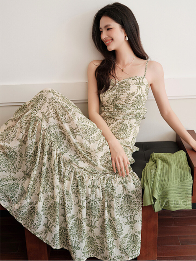 green floral back ribbon long one piece