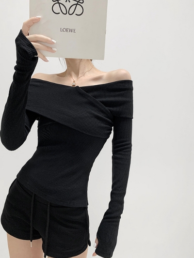 cross shoulder slim fit long sleeve tops