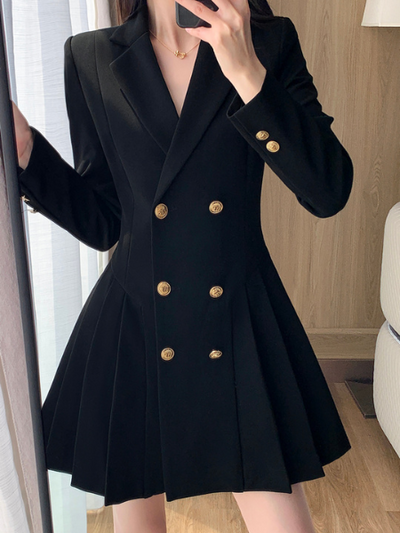 gold button black suit mini dress