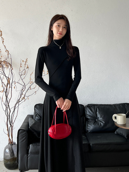 half turtle neck slim fit long dress
