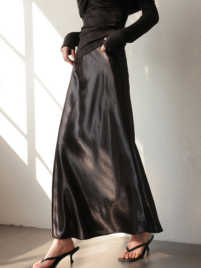 drape satin high waist long skirt