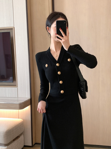 gold button waist slim flare long dress