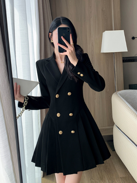 gold button black suit mini dress