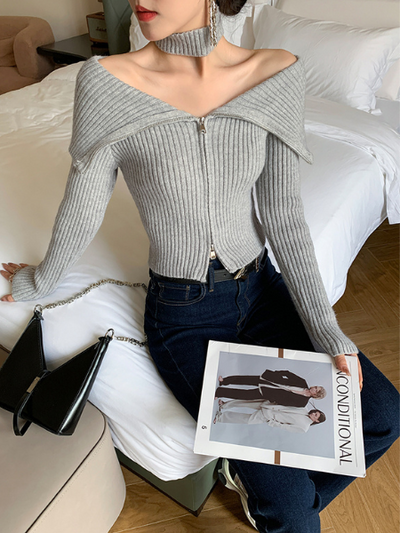 double zipper big collar choker knit tops