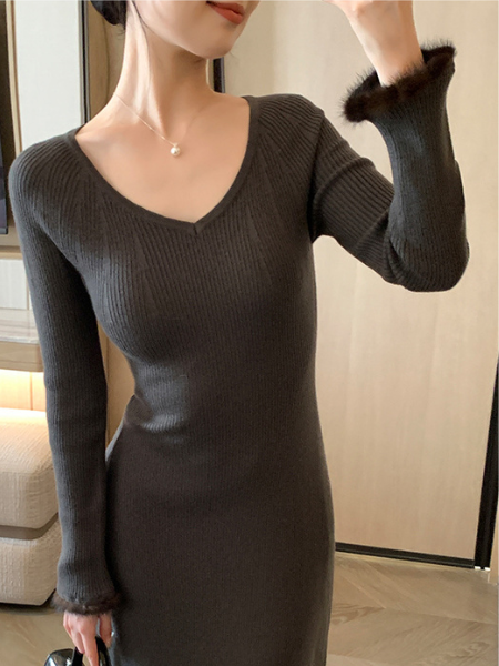v neck fur sleeve long dress