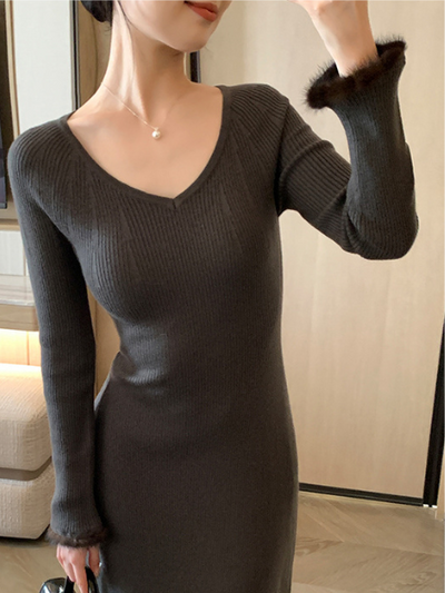 v neck fur sleeve long dress