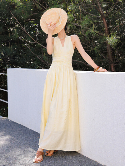 yellow sleeveless waist slim casual long one piece