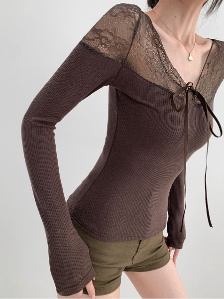 lace ribbon slim rib knit tops