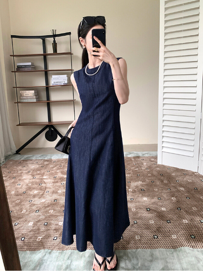 denim style sleeveless A-line long dress