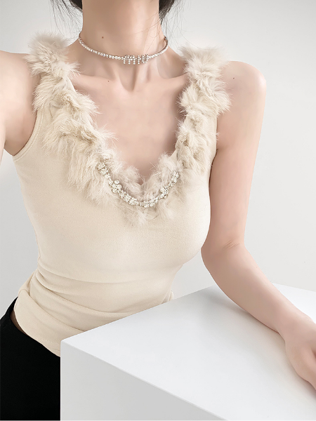 v neck bijou fur collar sleeveless tops