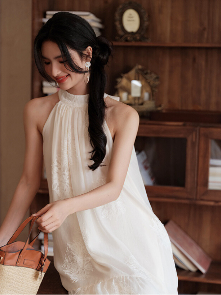halter neck back ribbon tiered long one piece – Areumdaum