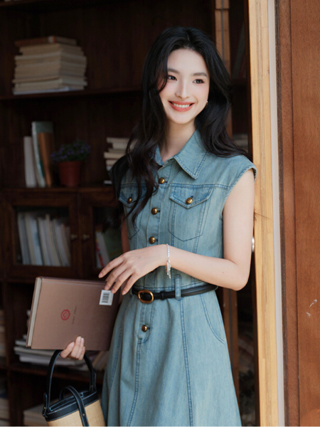 blue denim button long one piece