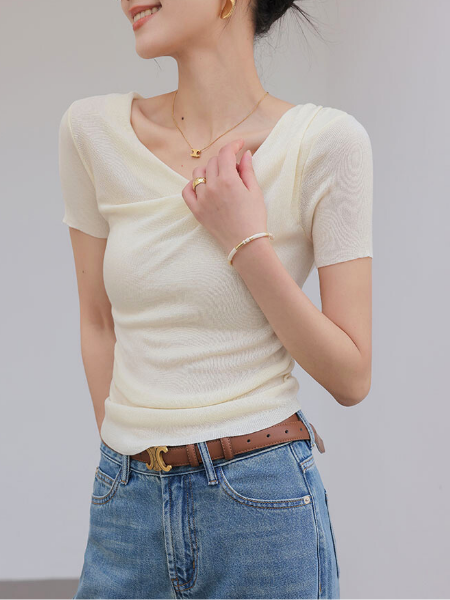asymmetry drape short sleeve tops