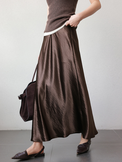 drape satin high waist long skirt