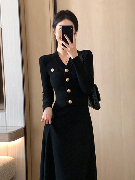 gold button waist slim flare long dress