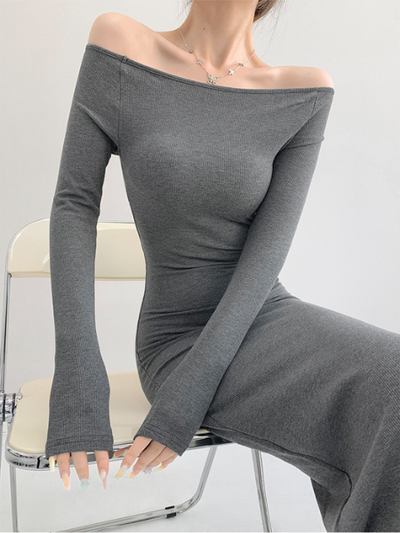 off shoulder long sleeve fit long dress