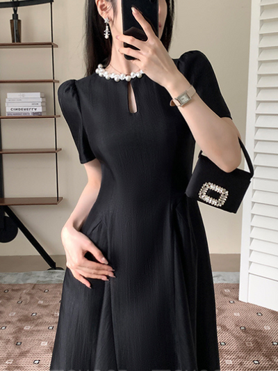 bijou pearl front open black dress