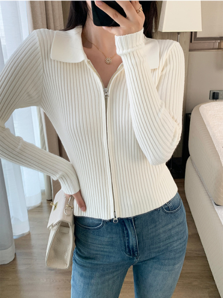 double zipper white collar knit cardigan