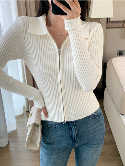 double zipper white collar knit cardigan