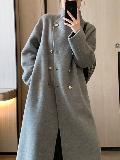 gray stand collar wool coat