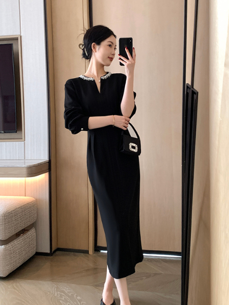 bijou v neck tight black dress