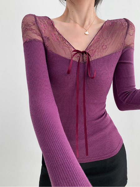 lace ribbon slim rib knit tops