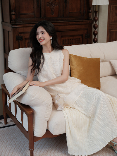 sleeveless pleats fake two piece long dress