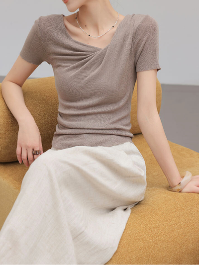 asymmetry drape short sleeve tops