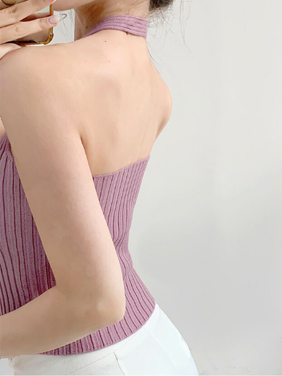 halter neck rib knit short tops
