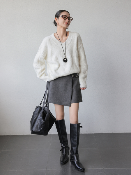 dark gray high end wool belt skirt