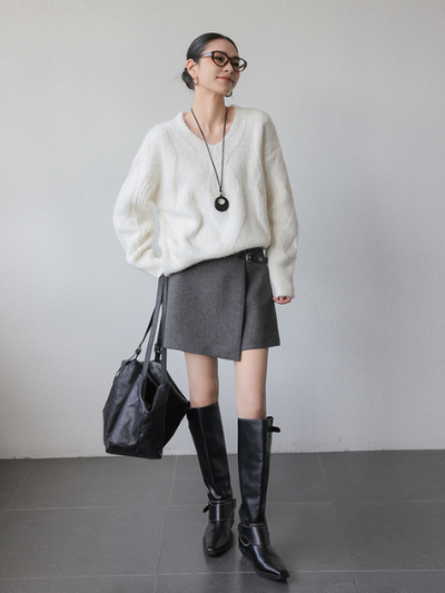 dark gray high end wool belt skirt