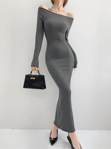 off shoulder long sleeve fit long dress