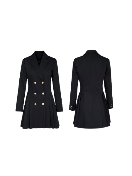gold button black suit mini dress