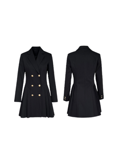 gold button black suit mini dress