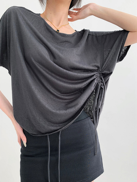 casual loose round neck side gather tops
