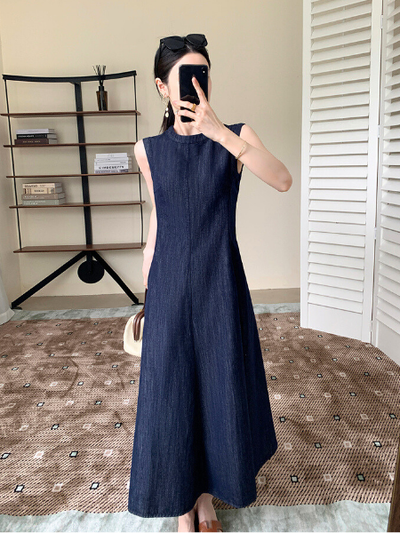 denim style sleeveless A-line long dress