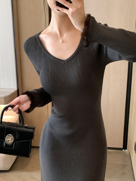 v neck fur sleeve long dress