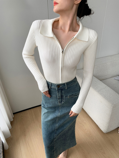 double zipper white collar knit cardigan